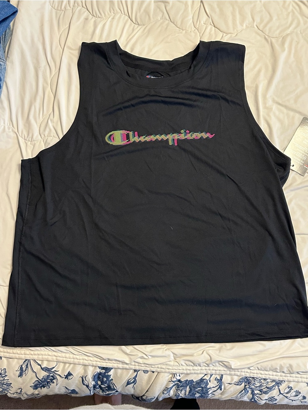 Champion Black Muscle Tank with Multicolor Script Logo